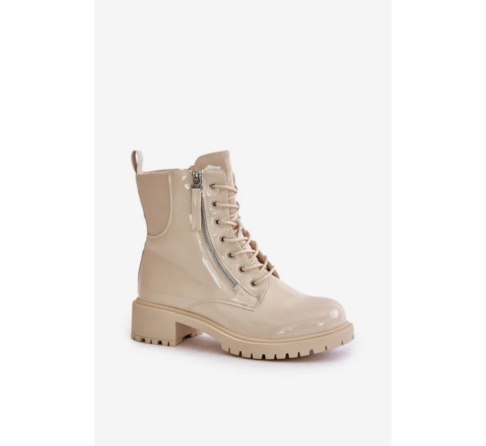 Lakierowane Botki Workery Na Zamek Ocieplane Beżowe Ravanthia