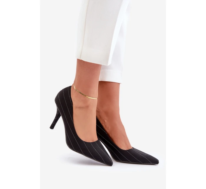 Materiałowe Szpilki Damskie W Paski Czarne Tifidra