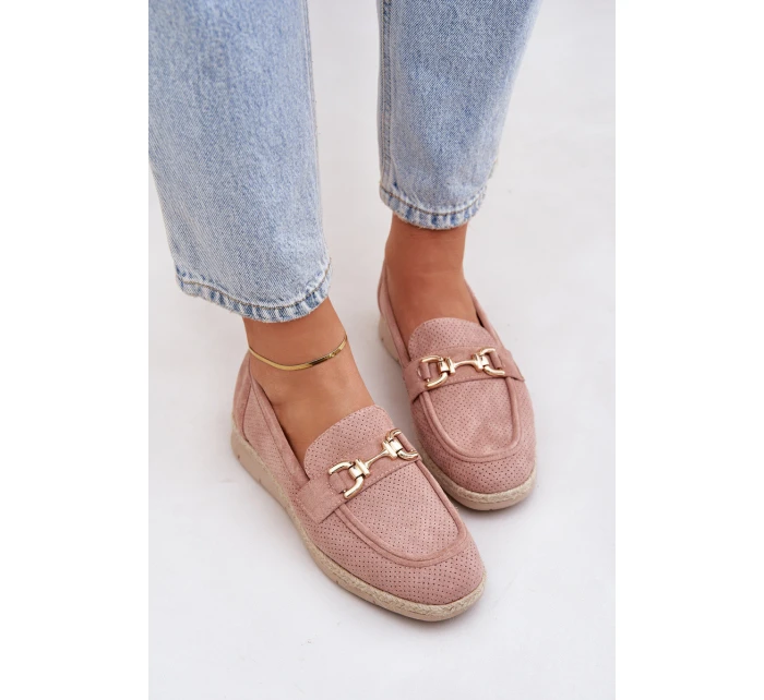 Ażurowe Mokasyny Ze Złotym Detalem I Jutową Plecionką Różowe Lainer