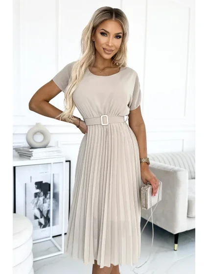MIA Béžové plisované dámské midi šaty se širokým opaskem model 18606893 - numoco basic