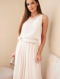 Dámska súprava z viskózy, top bez rukávov a široké nohavice s ozdobným lemovaním, béžová