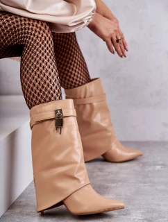 Kožené Kozačky Na Vysokém Podpatku béžové model 21599508 - Boto