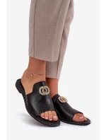 Eleganckie Skórzane Klapki Damskie Z Ozdobą Zazoo 3008 Czarne