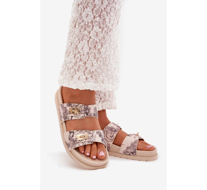 Wzorzyste Klapki Damskie Na Platformie Beżowe Sorina