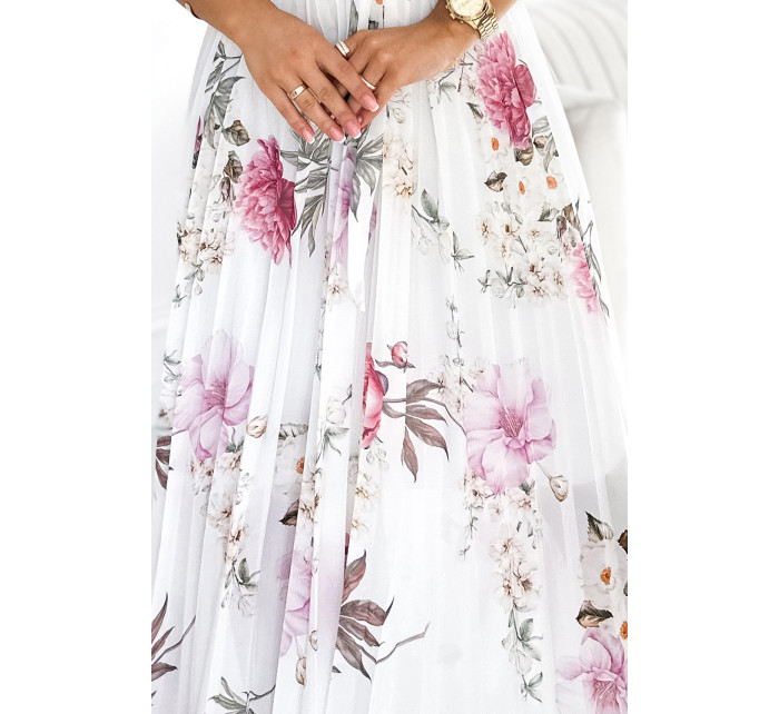 Plisované midi šaty s výstrihom a volánmi Numoco LISA - biele s kvetmi