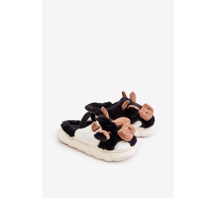 Dziecięce Futrzane Kapcie Z Motywem Krowy Czarne Tamorrin