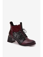 Zazoo 60503 Skórzane Botki Na Obcasie Ocieplane Bordowe