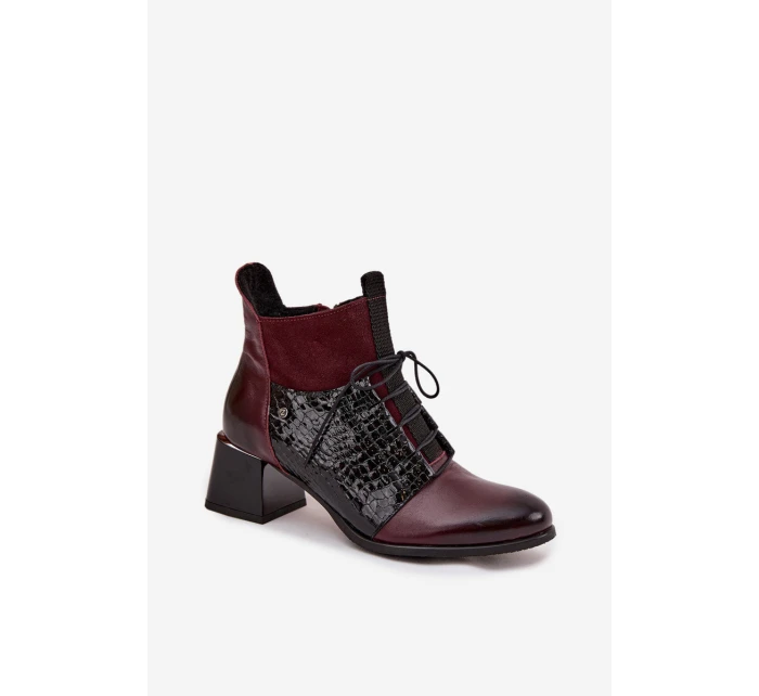Zazoo 60503 Skórzane Botki Na Obcasie Ocieplane Bordowe