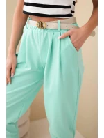 Dámske bavlnené nohavice s vysokým pásom a mätovým opaskom