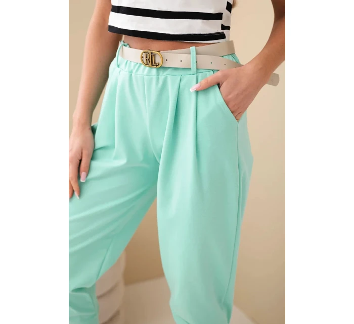 Dámske bavlnené nohavice s vysokým pásom a mätovým opaskom