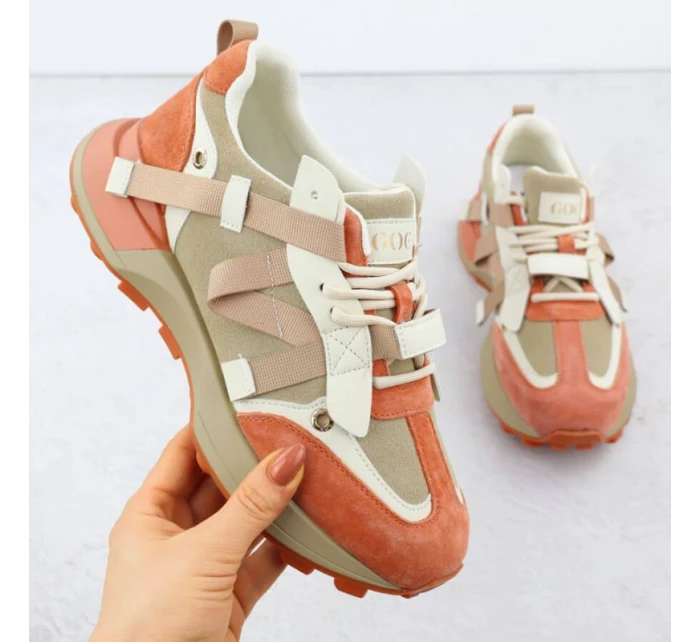 Dámské kožené tenisky béžové a oranžové model 21904648 - Goe