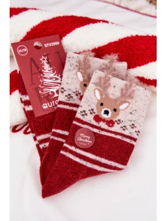 Dámske vianočné ponožky s motívom sobov a pruhmi - červené (alpaková vlna)