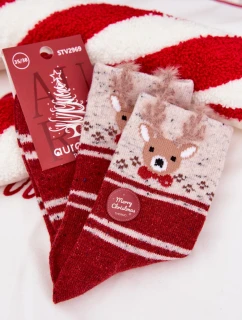 Dámske vianočné ponožky s motívom sobov a pruhmi - červené (alpaková vlna)