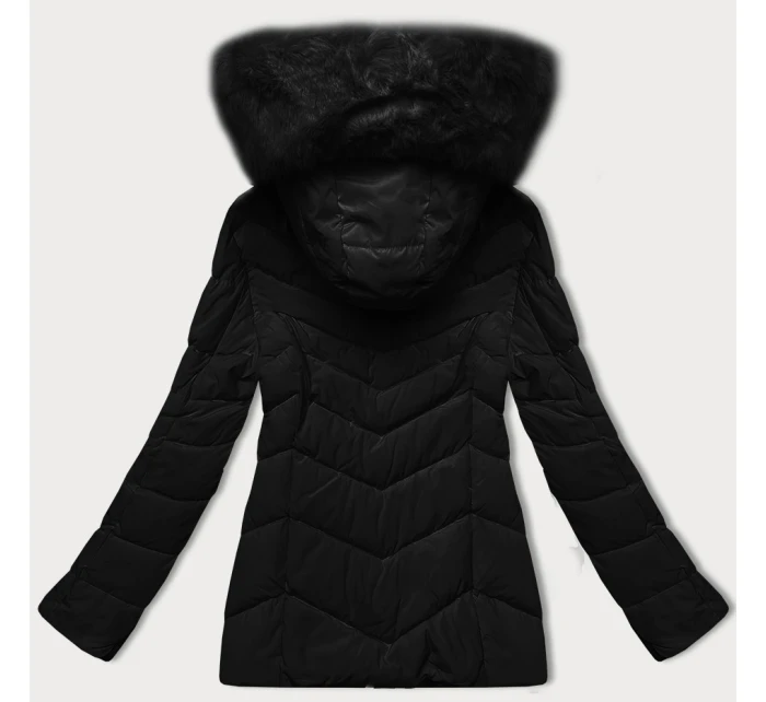 Čierna prechodná prešívaná bunda s kožušinou na kapucni S'west (B8301-1)