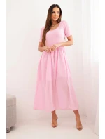 Dámské bavlněné midi šaty s krátkým rukávem a rozšířeným spodkem světle růžová