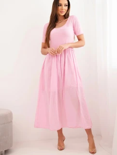 Dámske bavlnené midi šaty s krátkymi rukávmi a rozšírenou spodnou časťou svetlo ružové