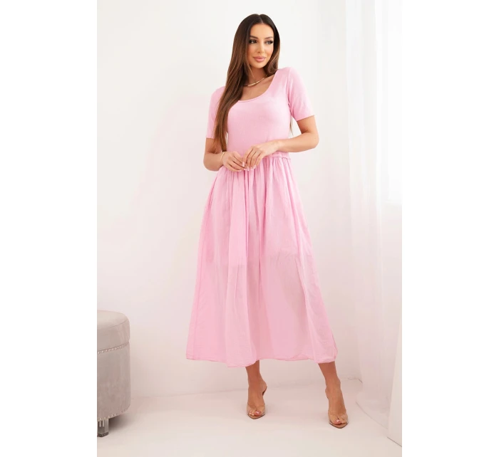 Dámské bavlněné midi šaty s krátkým rukávem a rozšířeným spodkem světle růžová