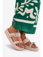 Klapki Damskie Na Platformie Ze Złotymi Klamrami Beżowe Wernone