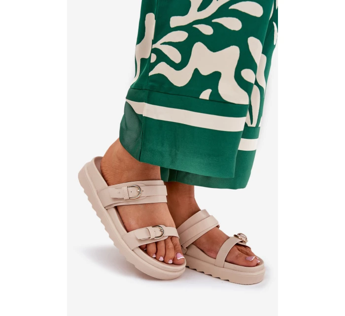 Klapki Damskie Na Platformie Ze Złotymi Klamrami Beżowe Wernone