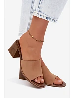 Dámske semišové kožené papuče na podpätku Zazoo 40519 dark beige