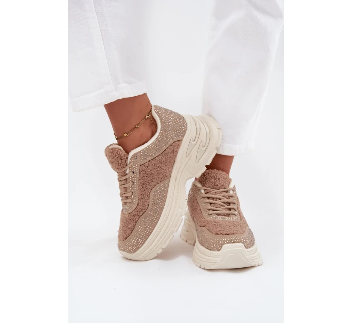 Sneakersy Damskie Z Cyrkoniami I Futerkiem Typu Baranek Beżowe Zarika Sneakersy Damskie Z Cyrkoniami I Futerkiem Typu Baranek Beżowe Zarika