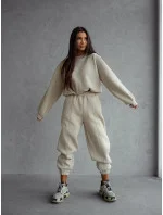 Dámska béžová bavlnená tepláková súprava s krátkou mikinou (82160)