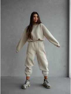 Dámska béžová bavlnená tepláková súprava s krátkou mikinou (82160)