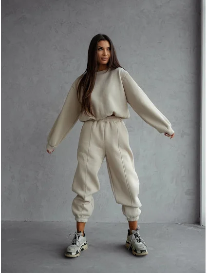 Dámska béžová bavlnená tepláková súprava s krátkou mikinou (82160)