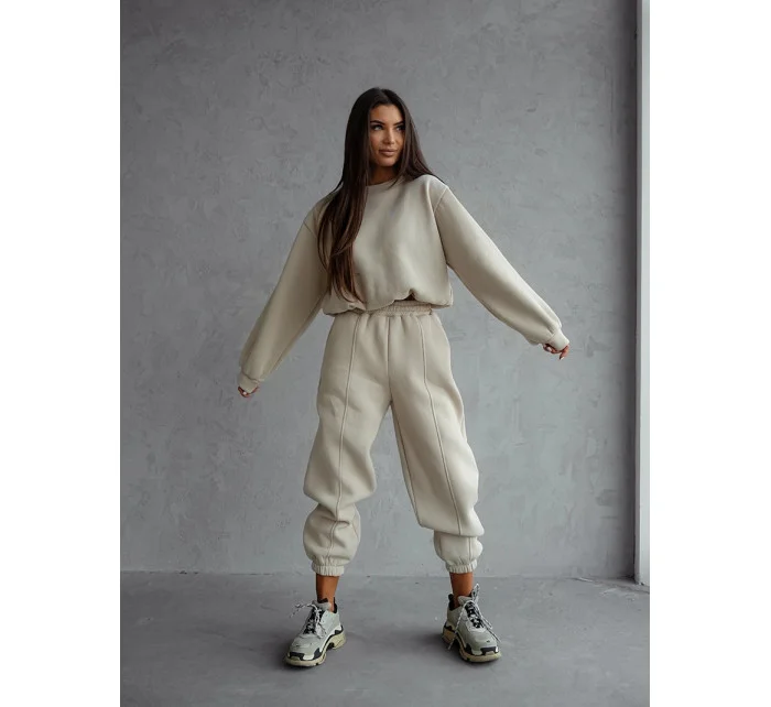 Dámska béžová bavlnená tepláková súprava s krátkou mikinou (82160)