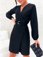 Elegantné čierne skladané obálkové šaty (8251)