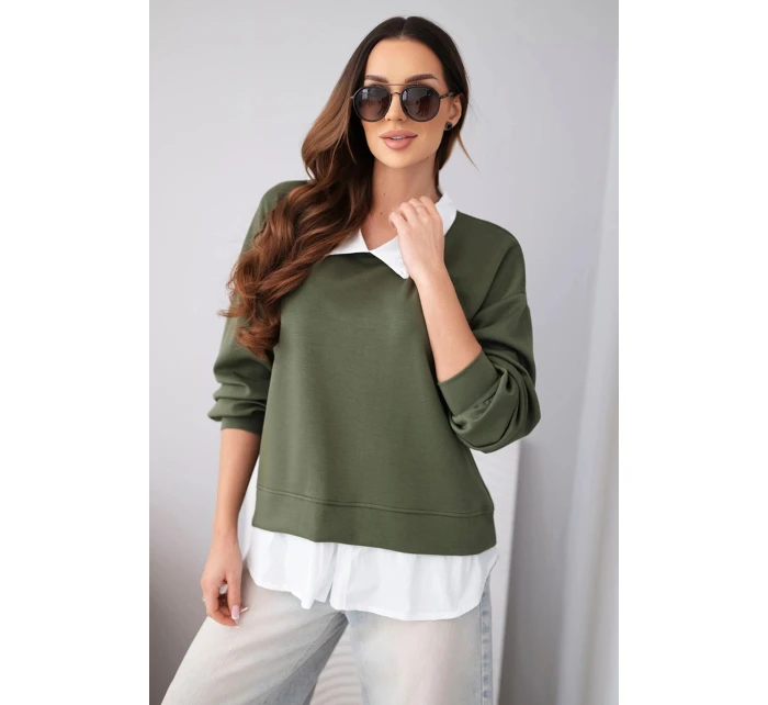 Dámská máslová mikina z viskózy s model 22014161 vsadkou khaki - K-Fashion