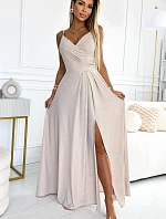 299-15 CHIARA elegantné dlhé maxi šaty bez ramienok - béžové s brokátom