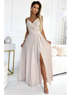 299-15 CHIARA elegantné dlhé maxi šaty bez ramienok - béžové s brokátom