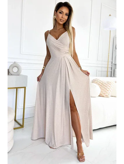 299-15 CHIARA elegantné dlhé maxi šaty bez ramienok - béžové s brokátom 299-15 CHIARA elegantné dlhé maxi šaty bez ramienok - béžové s brokátom