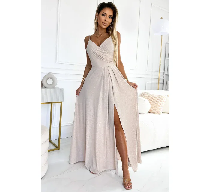 299-15 CHIARA elegantné dlhé maxi šaty bez ramienok - béžové s brokátom 299-15 CHIARA elegantné dlhé maxi šaty bez ramienok - béžové s brokátom