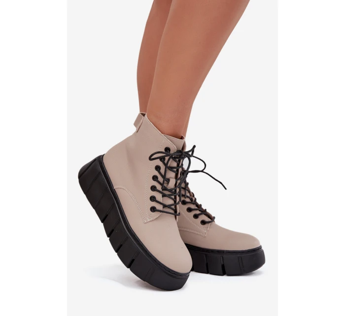 Skórzane Ocieplane Botki Damskie Na Platformie Vinceza 66803 Beżowe