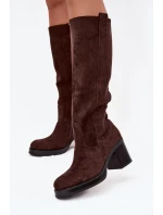 Dámské zimní kozačky na masivním podpatku čokoládové model 21715042 - Boto
