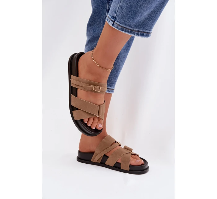 Dámské pantofle s pásky a zlatým přezkou tmavě béžové Selorina