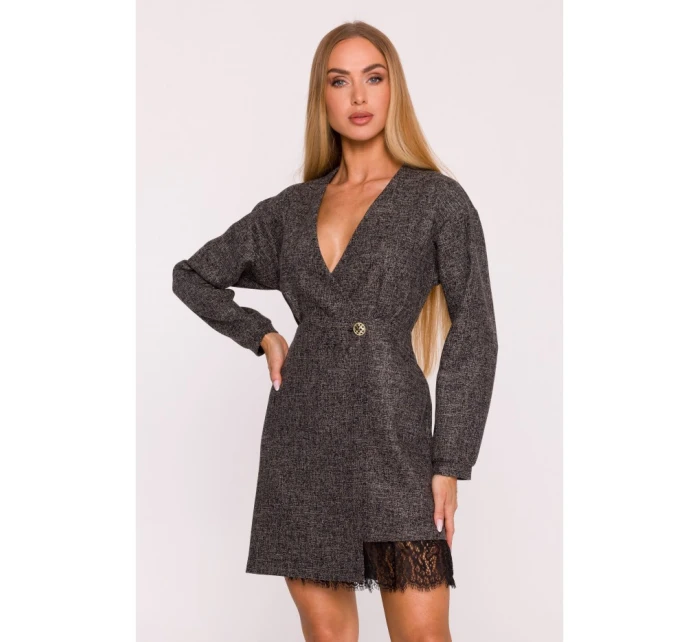 M871 Zavinovacie šaty z tvídu - čierne