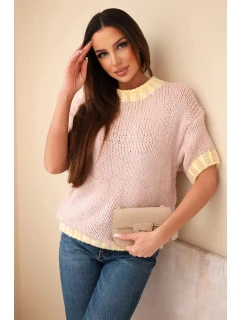 Dámský svetr s krátkým rukávem a model 21949256 lemem tmavě pudrově růžový - K-Fashion