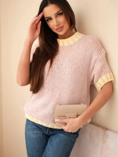 Dámsky sveter s krátkym rukávom a kontrastným lemom tmavo púdrovo ružovej farby