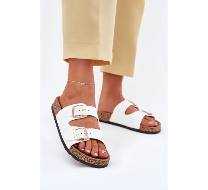 Klapki Damskie Z Klamrami Z Eko Skóry Białe Iskira Klapki Damskie Z Klamrami Z Eko Skóry Białe Iskira