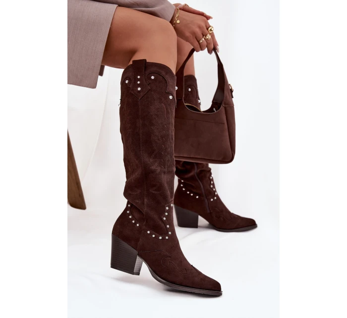 Damskie Kozaki Kowbojki Ze Zdobieniem Na Słupku Czekoladowe Darella Damskie Kozaki Kowbojki Ze Zdobieniem Na Słupku Czekoladowe Darella