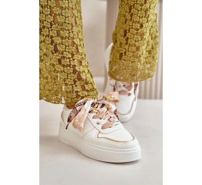 Sneakersy Damskie Na Platformie Z Ozdobnym Sznurowaniem Białe Mistra