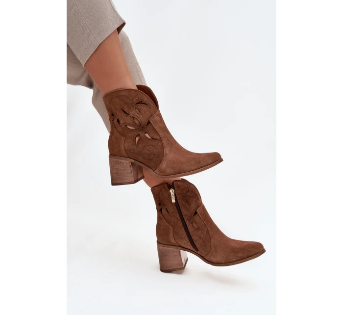 Botki Damskie Ażurowe Z Naturalnego Zamszu Na Słupku Zazoo 3690 Brązowe