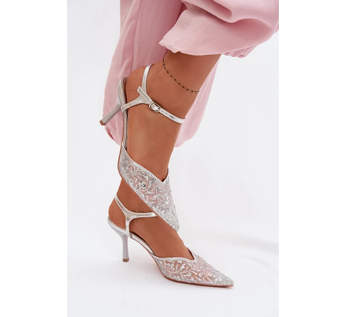 Dámské síťované sandály na jehlovém podpatku se třpytivým zdobením Stříbrné Laria