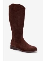 Dámské kozačky s krajkovým vzorem na nízkém podpatku model 22031871 Čokoládové - S.Barski