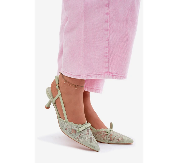 Krajkové dámské sandály na podpatku s mašlí zelené Maribelle