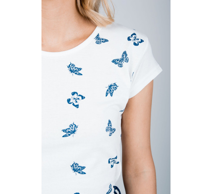 Biele dámske tričko s modrými motýľmi - biele,