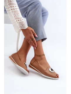 Czółenka Damskie Z Ozdobą Eko Skórzane Ciemnobeżowe Biolita